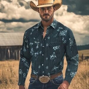 NWT - Rock & Roll Denim Vintage 46 Western Floral Stripe Snap Shirt - SZ L